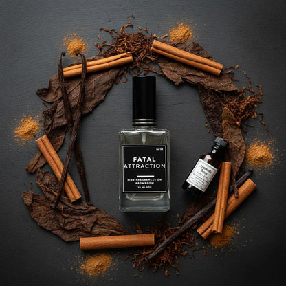 Perfume bottle labeled 'Fatal Attraction' surrounded by tobacco leaves, cinnamon sticks, and vanilla beans on a dark background.