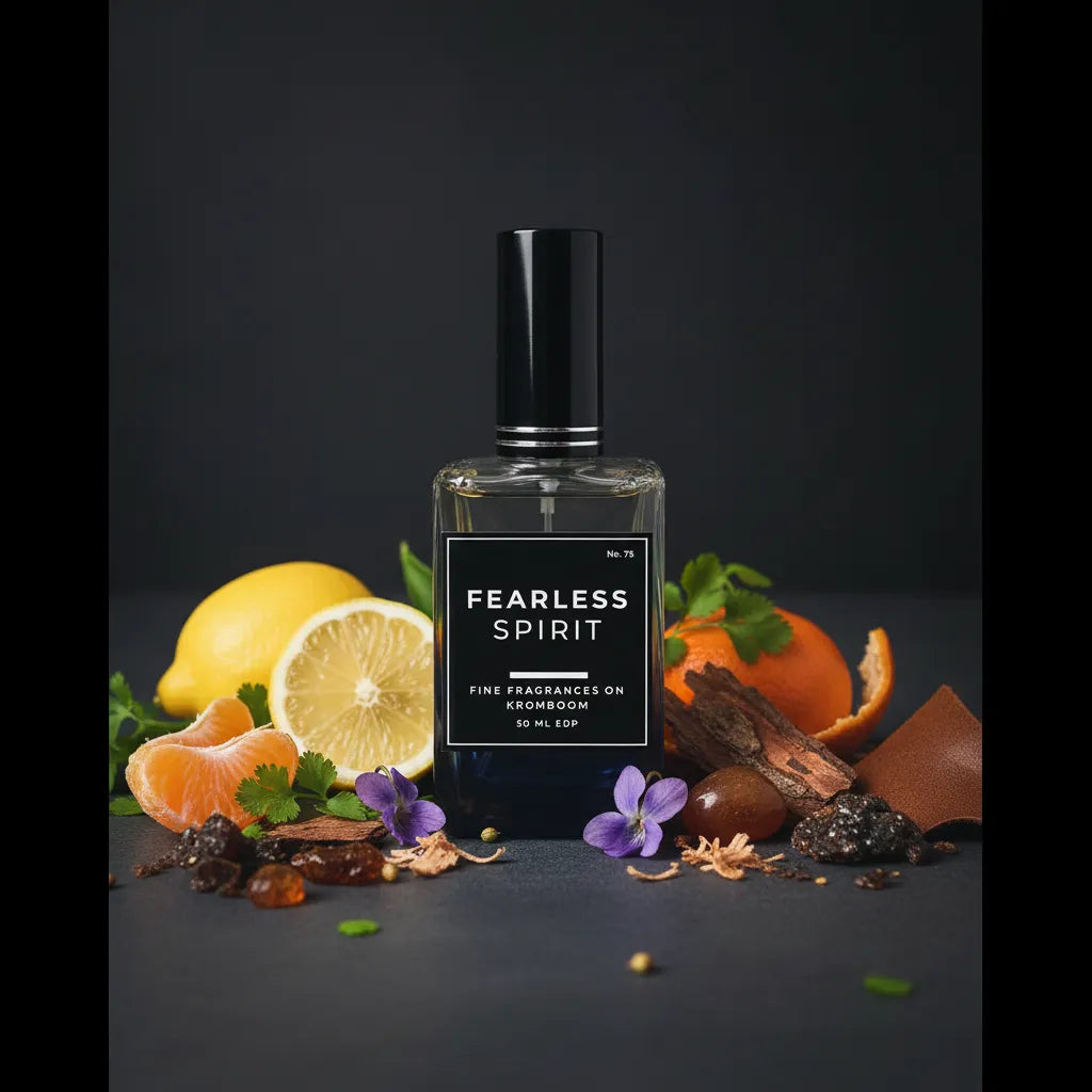 Perfume bottle labeled 'Fearless Spirit' surrounded by fruits and flowers on a dark background