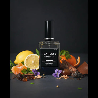 Perfume bottle labeled 'Fearless Spirit' surrounded by fruits and flowers on a dark background