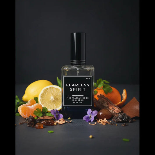 Perfume bottle labeled 'Fearless Spirit' surrounded by fruits and flowers on a dark background