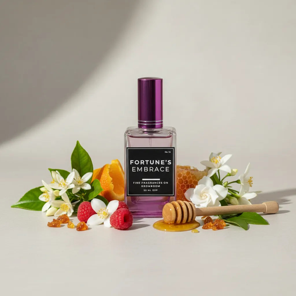 Perfume bottle labeled 'Fortune's Embrace' with flowers and honeycomb on a light background