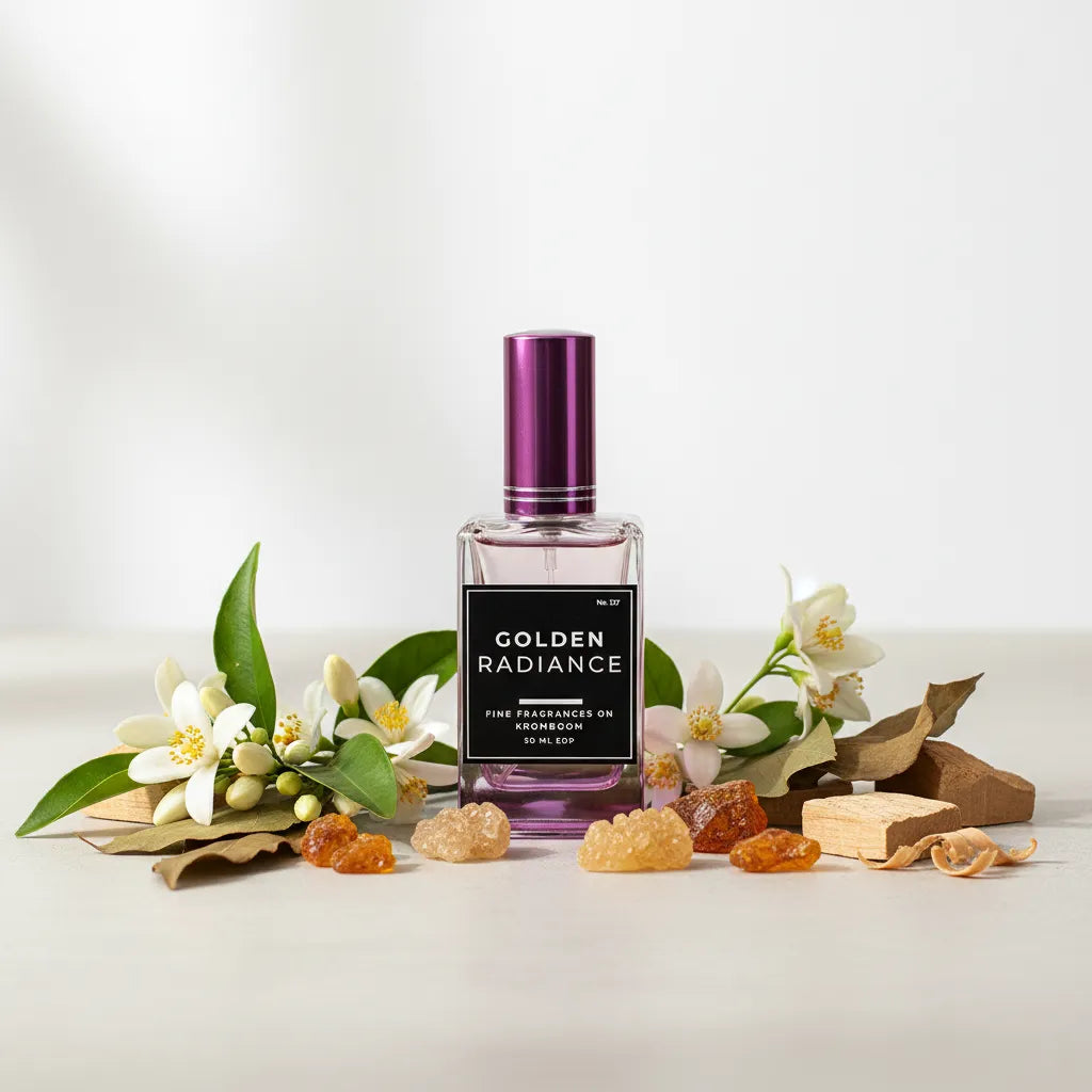 Perfume bottle labeled 'Golden Radiance' with flowers and leaves on a light background