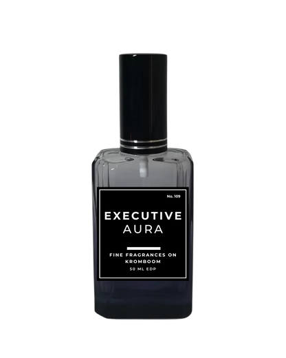 Perfume bottle labeled 'Executive Aura' on a white background by Fine Fragrances on Kromboom