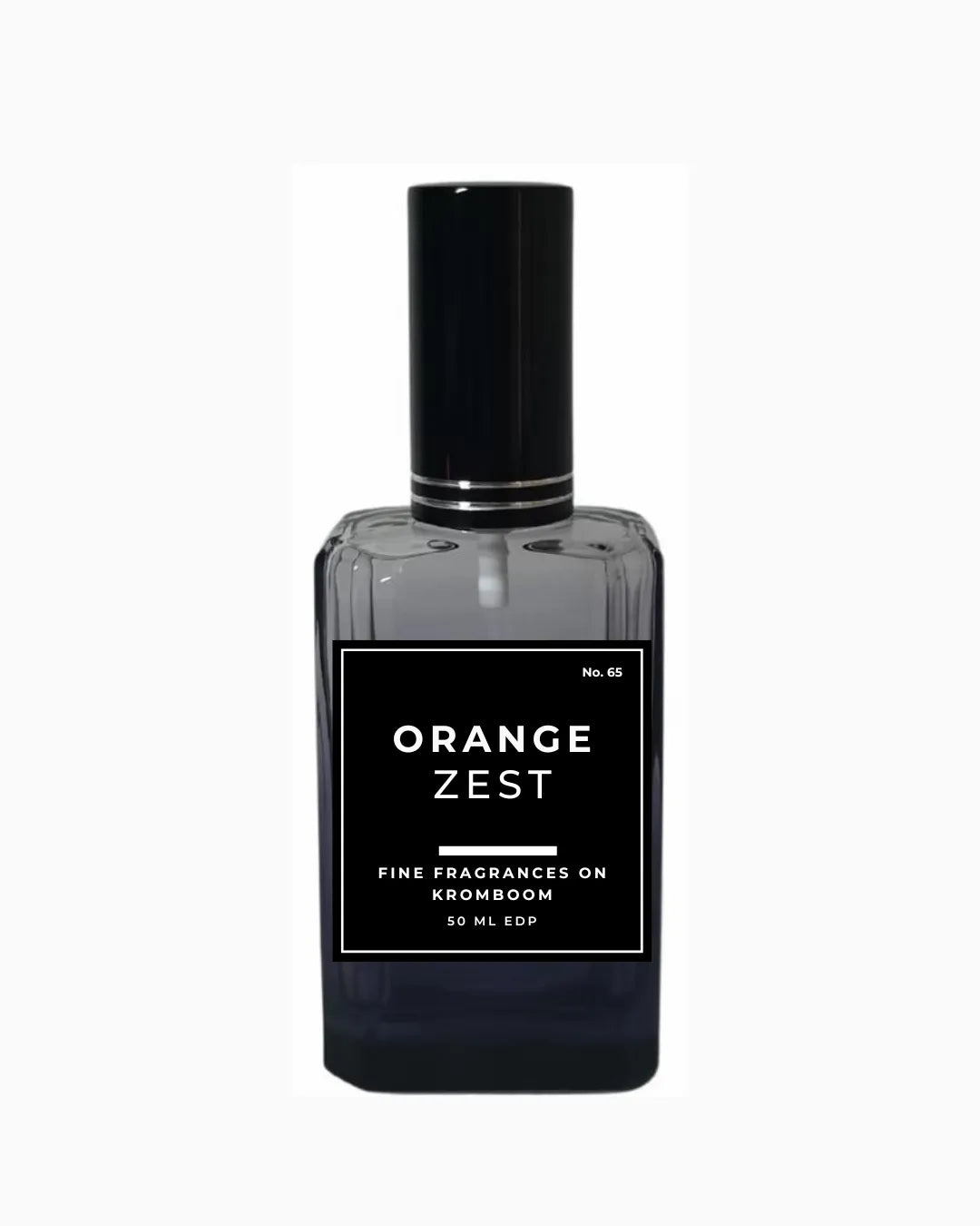 Perfume bottle labeled 'Orange Zest, Fine Fragrances on Kromboom 50ml EDP' on a white background