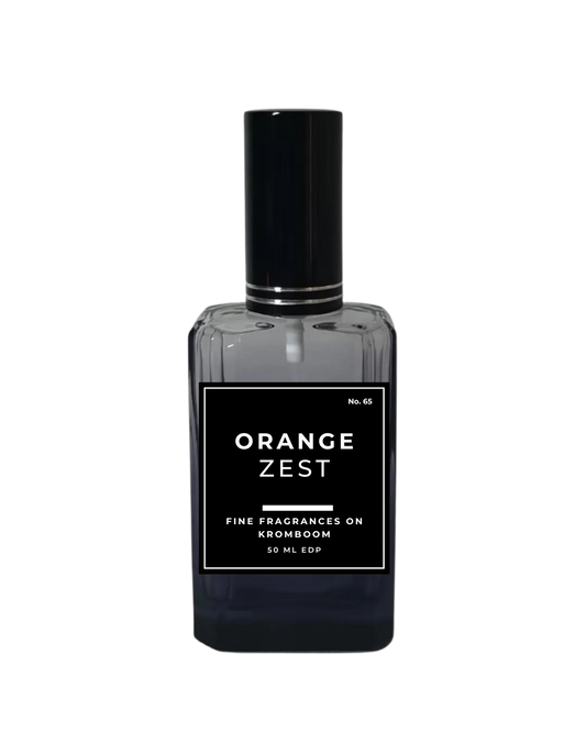 Perfume bottle labeled 'Orange Zest' on a white background by Fine Fragrances on Kromboom