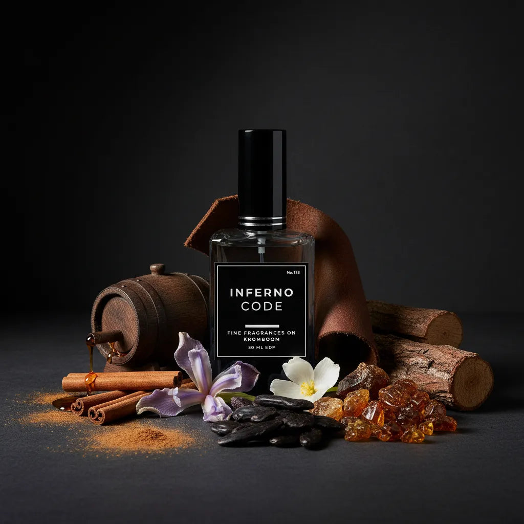 Perfume bottle labeled 'Inferno Code' with decorative elements on a dark background