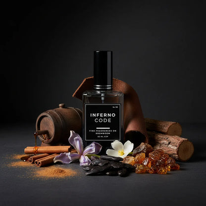Perfume bottle labeled 'Inferno Code' with decorative elements on a dark background
