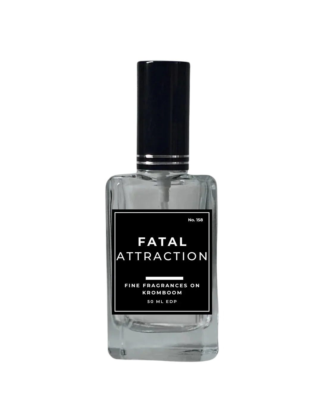 Perfume bottle labeled 'Fatal Attraction' on a white background