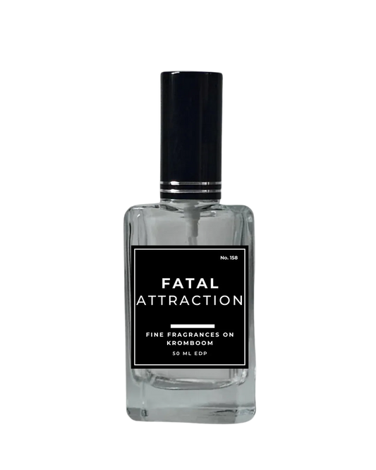 Perfume bottle labeled 'Fatal Attraction' on a white background