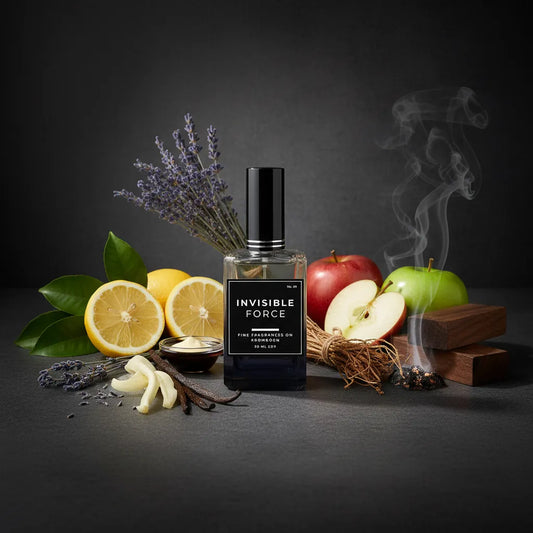 Perfume bottle labeled 'Invisible Force' surrounded by fruits, herbs, and smoke on a dark background
