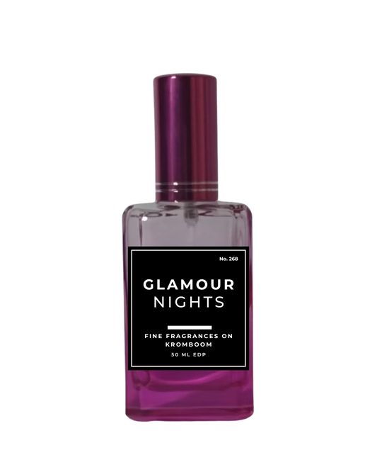 Perfume bottle labeled 'Glamour Nights' on a white background by Fine Fragrances on Kromboom