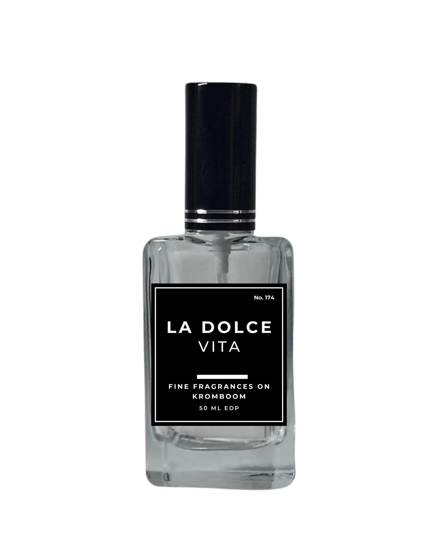 Perfume bottle labeled 'La Dolce Vita' on a white background