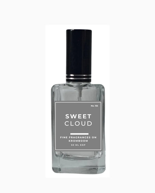 Perfume bottle labeled 'Sweet Cloud, Fine Fragrances on Kromboom 50ml EDP' on a white background