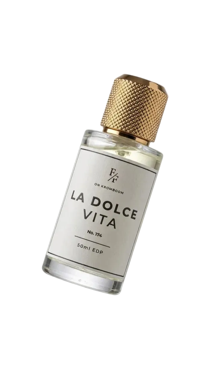 Perfume bottle labeled 'La Dolce Vita' with a gold cap on a white background
