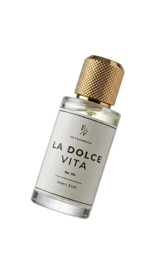 Perfume bottle labeled 'La Dolce Vita' with a gold cap on a white background