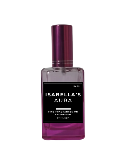 Perfume bottle with purple cap and label on a white background by Fine Fragrances on Kromboom