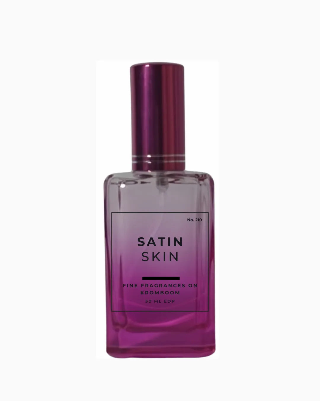 Perfume bottle labeled 'Satin Skin, Fine Fragrances on Kromboom 50ml EDP' on a white background
