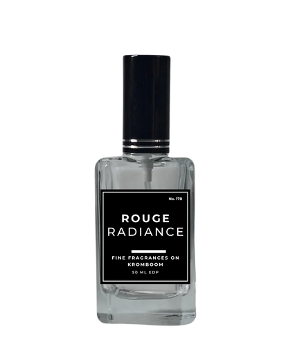 Perfume bottle labeled 'Rouge Radiance' on a white background by Fine Fragrances on Kromboom