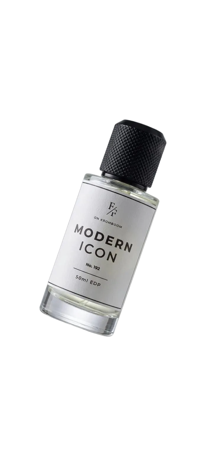 A 50ml clear glass bottle of 'MODERN ICON' cologne by 'UNPLUGGED FLOW' with a textured black cap, shown floating against a light gray gradient background.