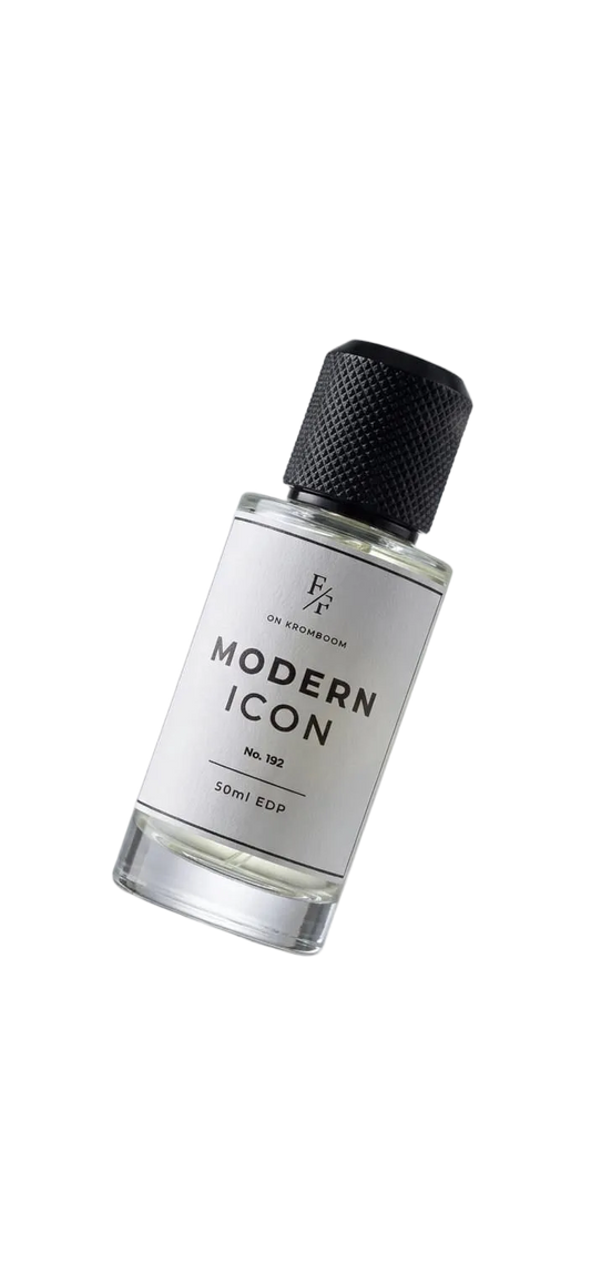 A 50ml clear glass bottle of 'MODERN ICON' cologne by 'UNPLUGGED FLOW' with a textured black cap, shown floating against a light gray gradient background.