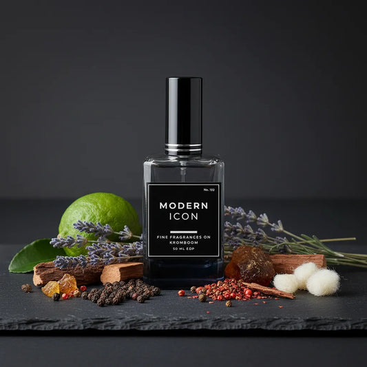 Perfume bottle labeled 'Modern Icon' with decorative elements on a dark background