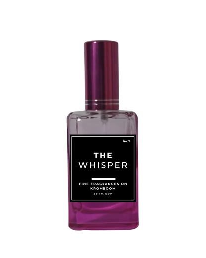 Perfume bottle labeled 'The Whisper' on a white background by Fine Fragrances on Kromboom