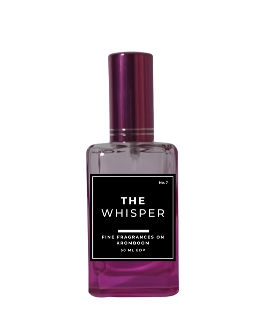 Perfume bottle labeled 'The Whisper' on a white background by Fine Fragrances on Kromboom