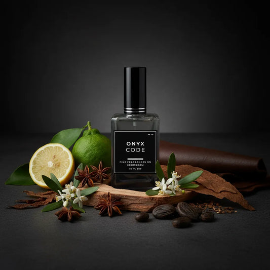Perfume bottle labeled 'Onyx Code' with botanical elements on a dark background