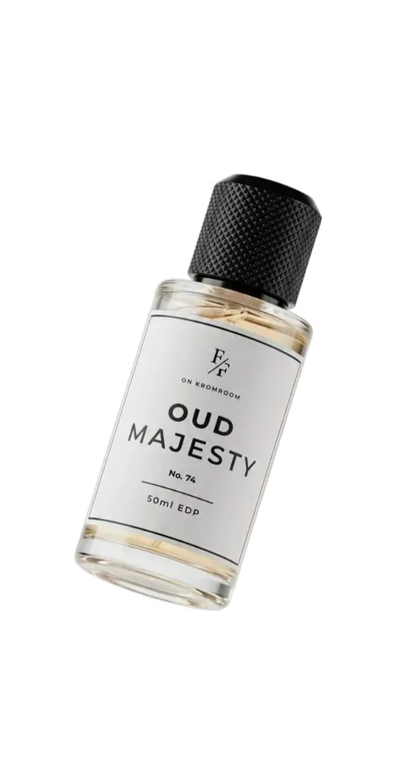 Bottle of Oud Majesty perfume with a black cap on a white background