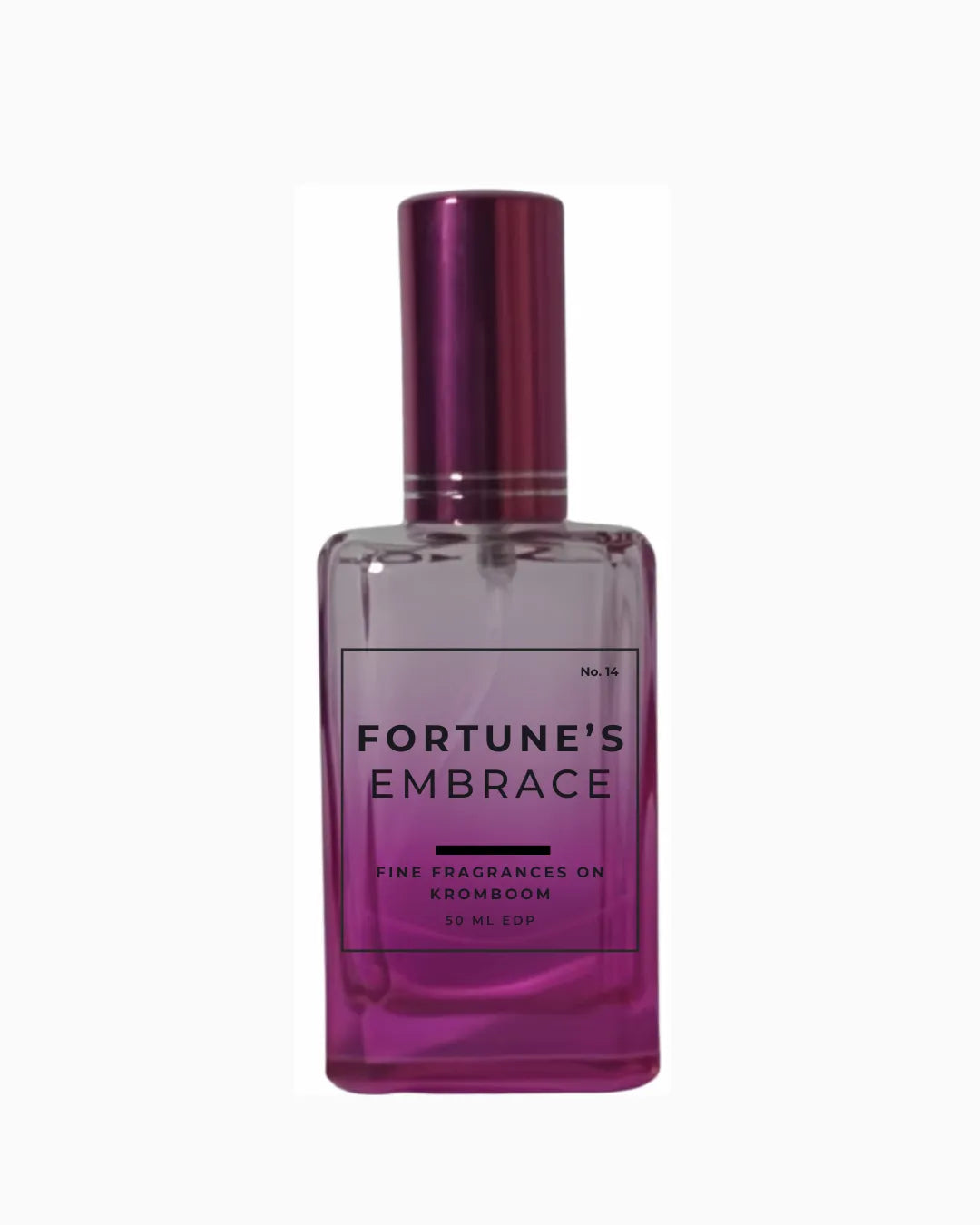 Perfume bottle labeled 'Fortune's Embrace, Fine Fragrances on Kromboom 50ml EDP' on a white background