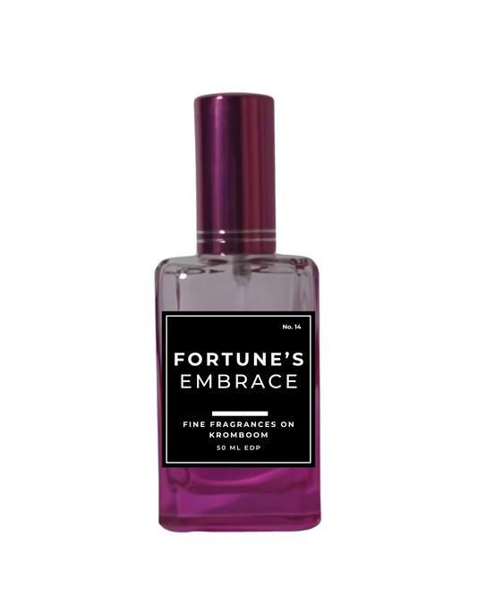 Perfume bottle labeled 'Fortune's Embrace' on a white background by Fine Fragrances on Kromboom