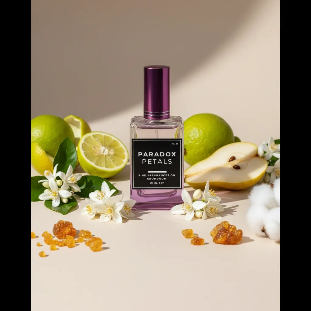 Paradox Petals perfume bottle with fruits and flowers on a light background