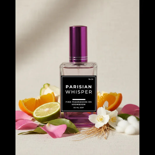Perfume bottle labeled 'Parisian Whisper' with fruits and flowers on a light background