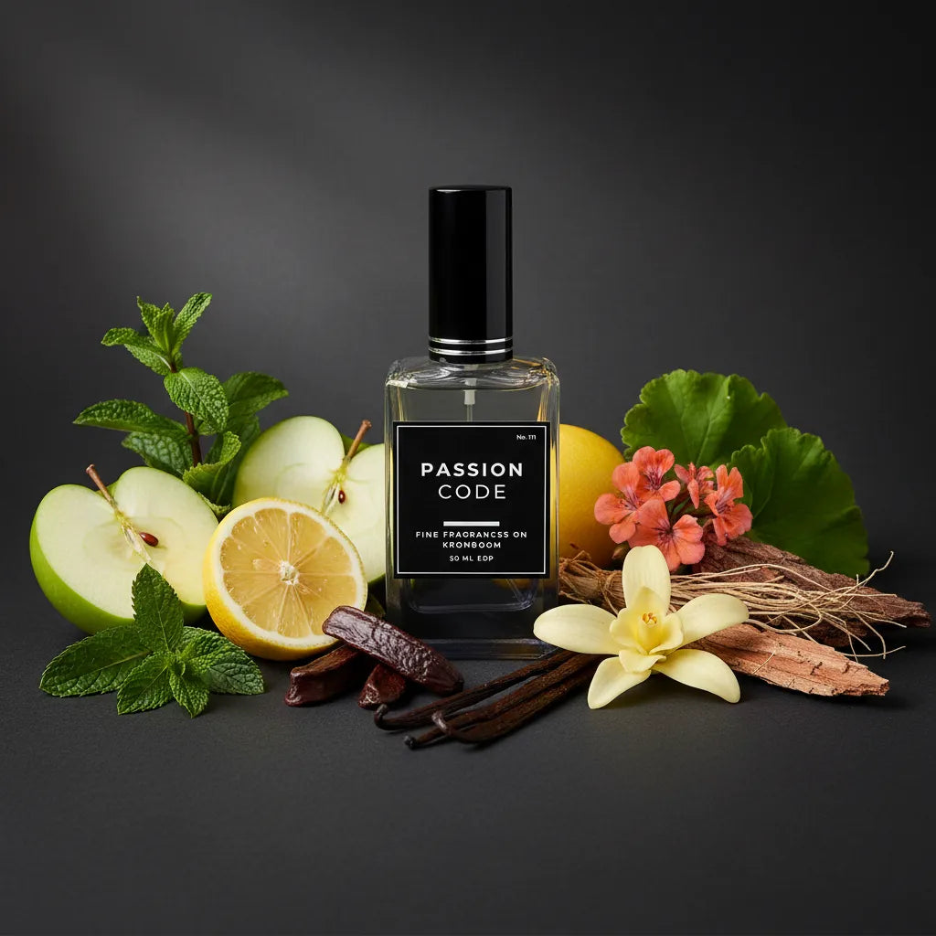 Perfume bottle labeled 'Passion Code' surrounded by fruits, flowers, and leaves on a dark background
