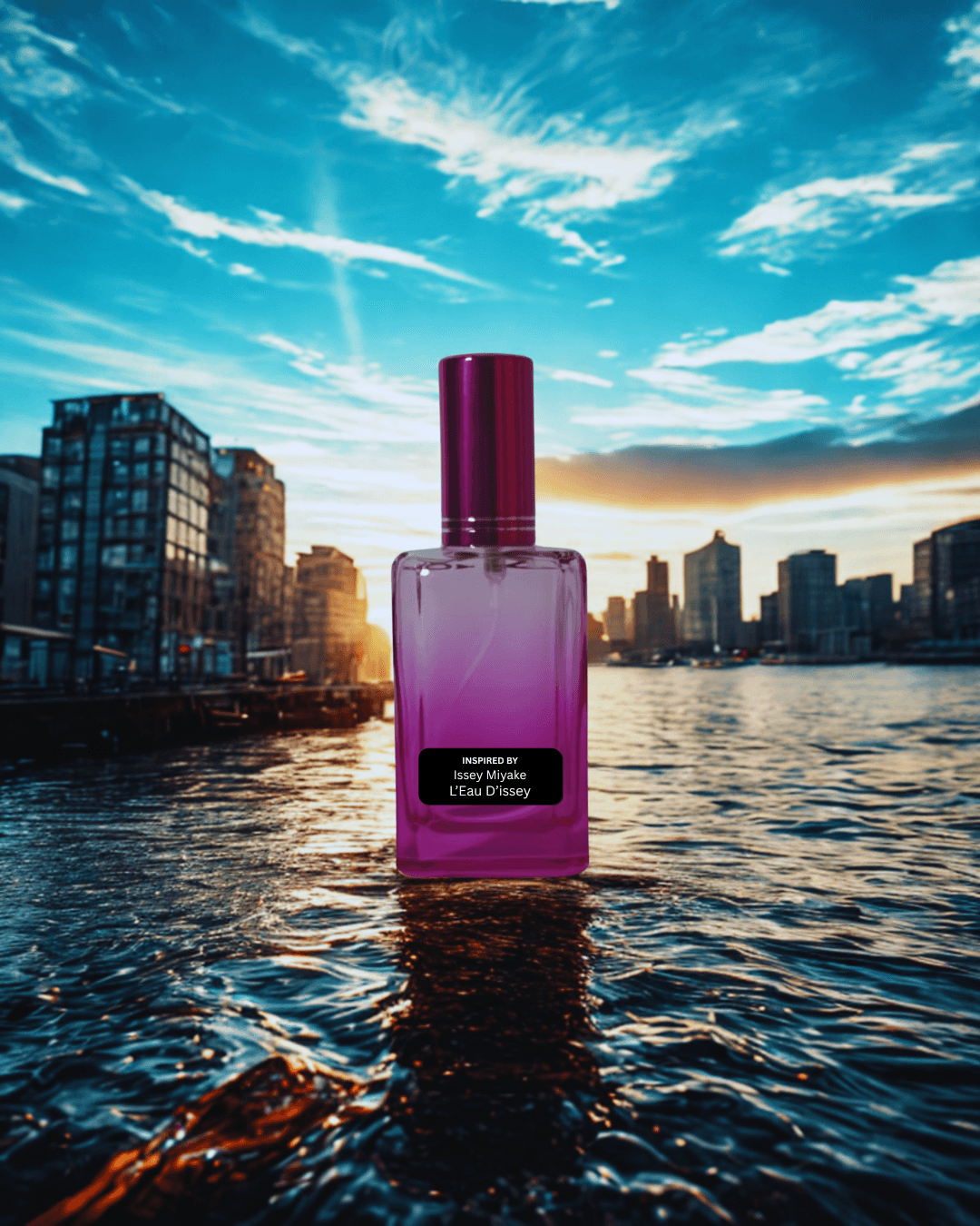 Fresh aquatic floral women’s perfume bottle – clean elegant scent by Fine Fragrances on Kromboom Purple perfume bottle in water with city skyline and sunset in the background