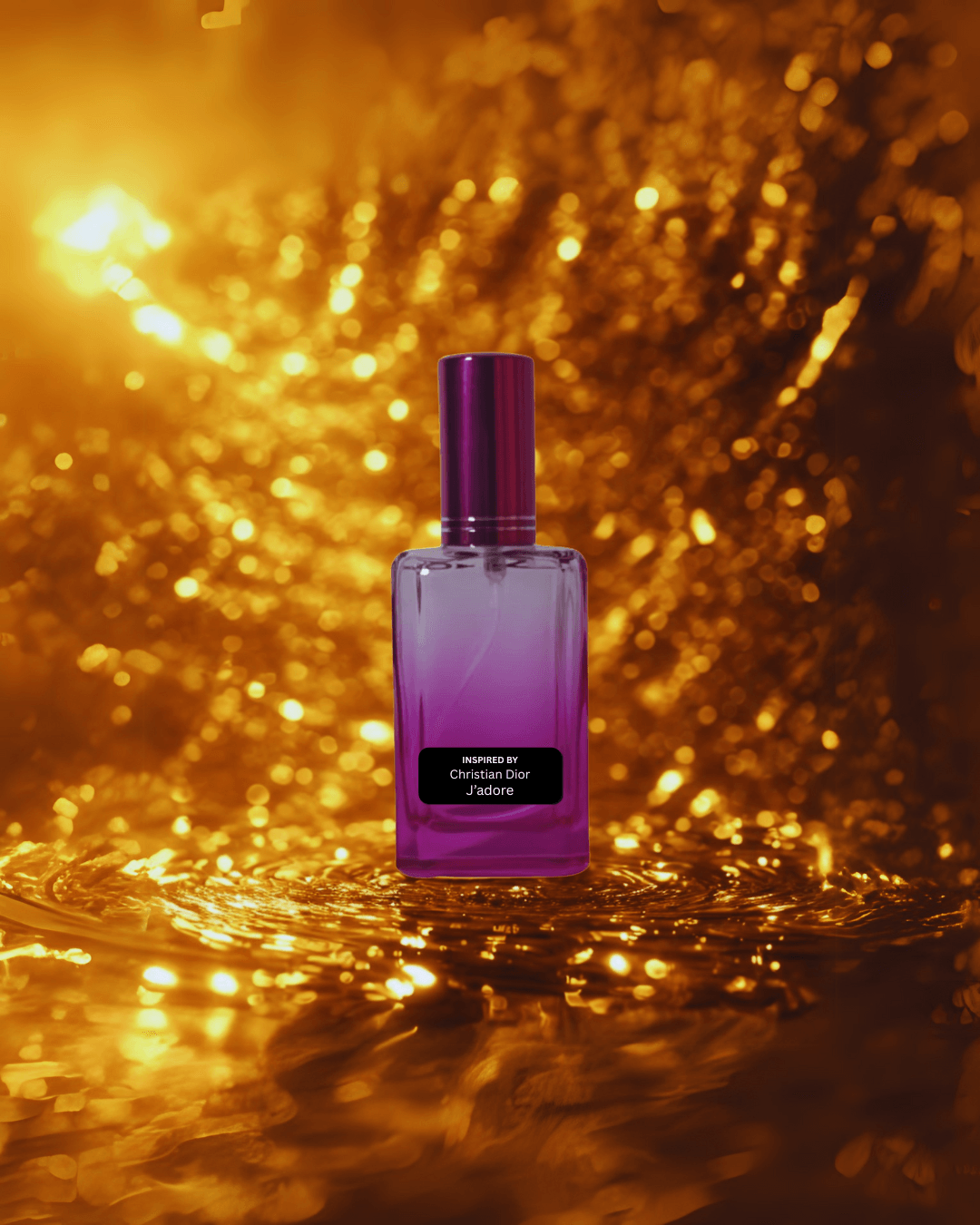 Elegant floral women’s perfume bottle – radiant feminine scent by Fine Fragrances on Kromboom with a gold glittery background