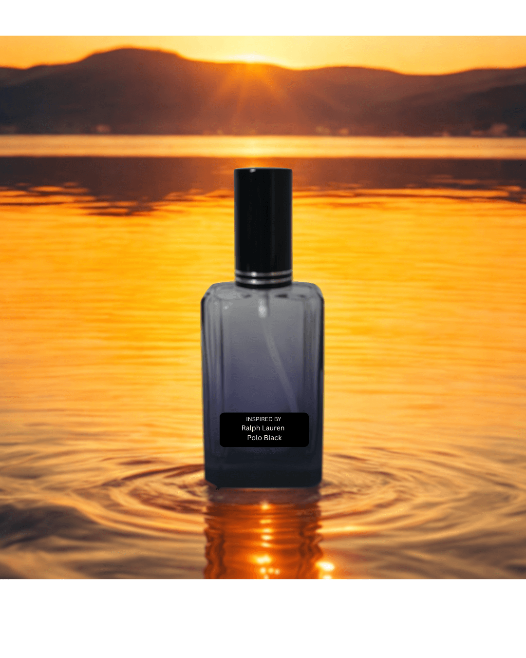 Woody aromatic men’s perfume bottle – inspired by Polo Black by Fine Fragrances on Kromboom on water with sunset and mountains in the background