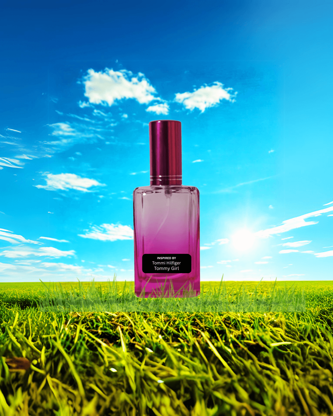 Fresh citrus floral women’s perfume bottle – inspired by Tommy Girl by Fine Fragrances on Kromboom with a purple cap on grass against a blue sky