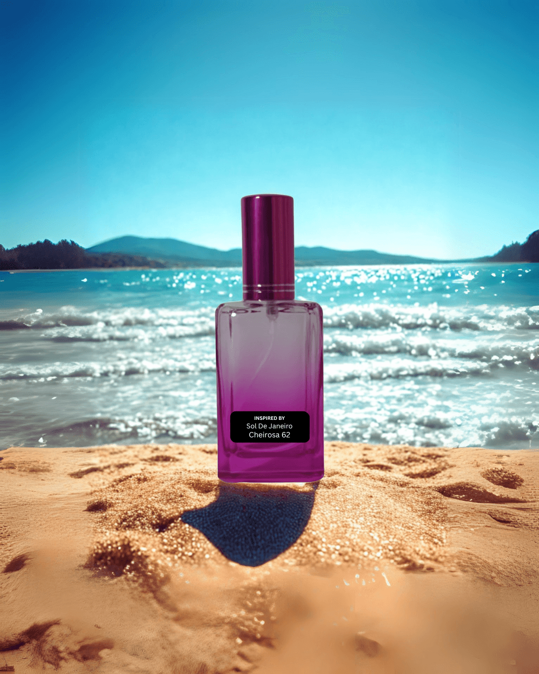 Pink women’s perfume bottle – warm tropical scent by Fine Fragrances on Kromboom on a sandy beach with ocean and sky in the background