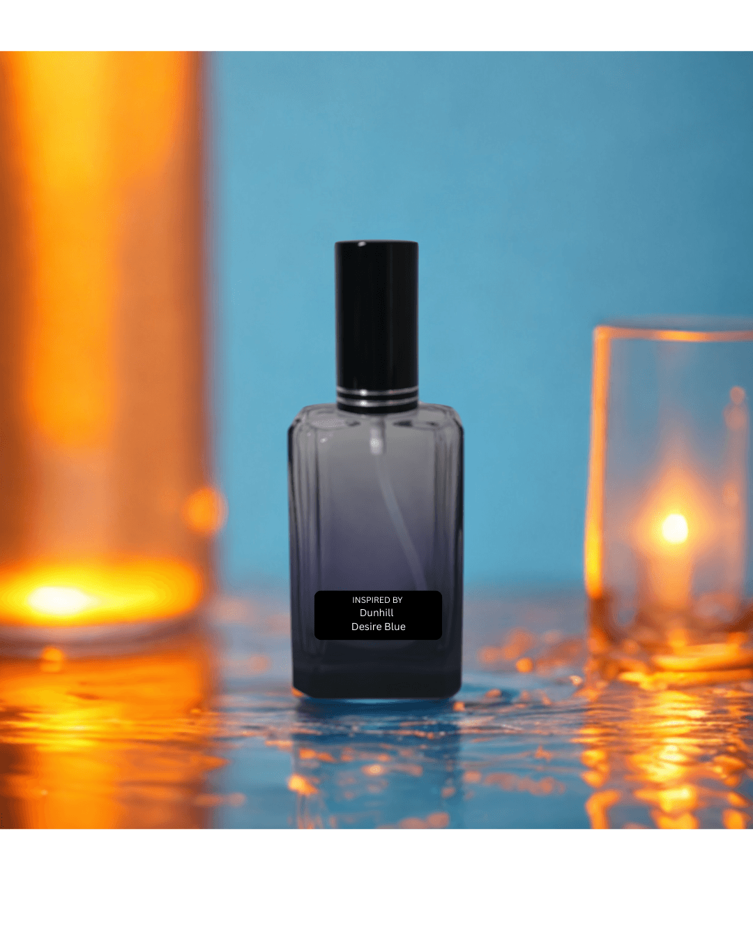 Fresh aquatic men’s perfume bottle – inspired by Dunhill Desire Blue by Fine Fragrances on Kromboom with a black cap on a reflective surface with candles in the background