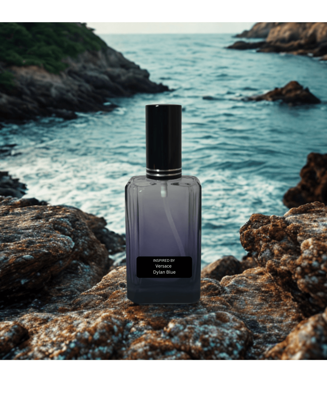 Fresh woody men’s perfume bottle – inspired by Versace Dylan Blue by Fine Fragrances on Kromboom on a rocky coastal background