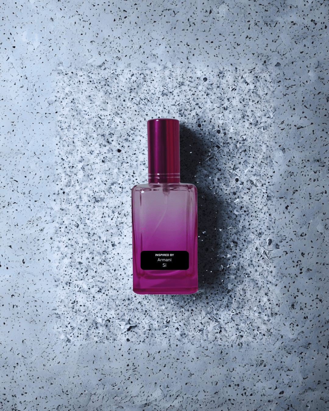 Elegant chypre floral women’s perfume bottle – inspired by Armani Si by Fine Fragrances on Kromboom on a gray speckled surface
