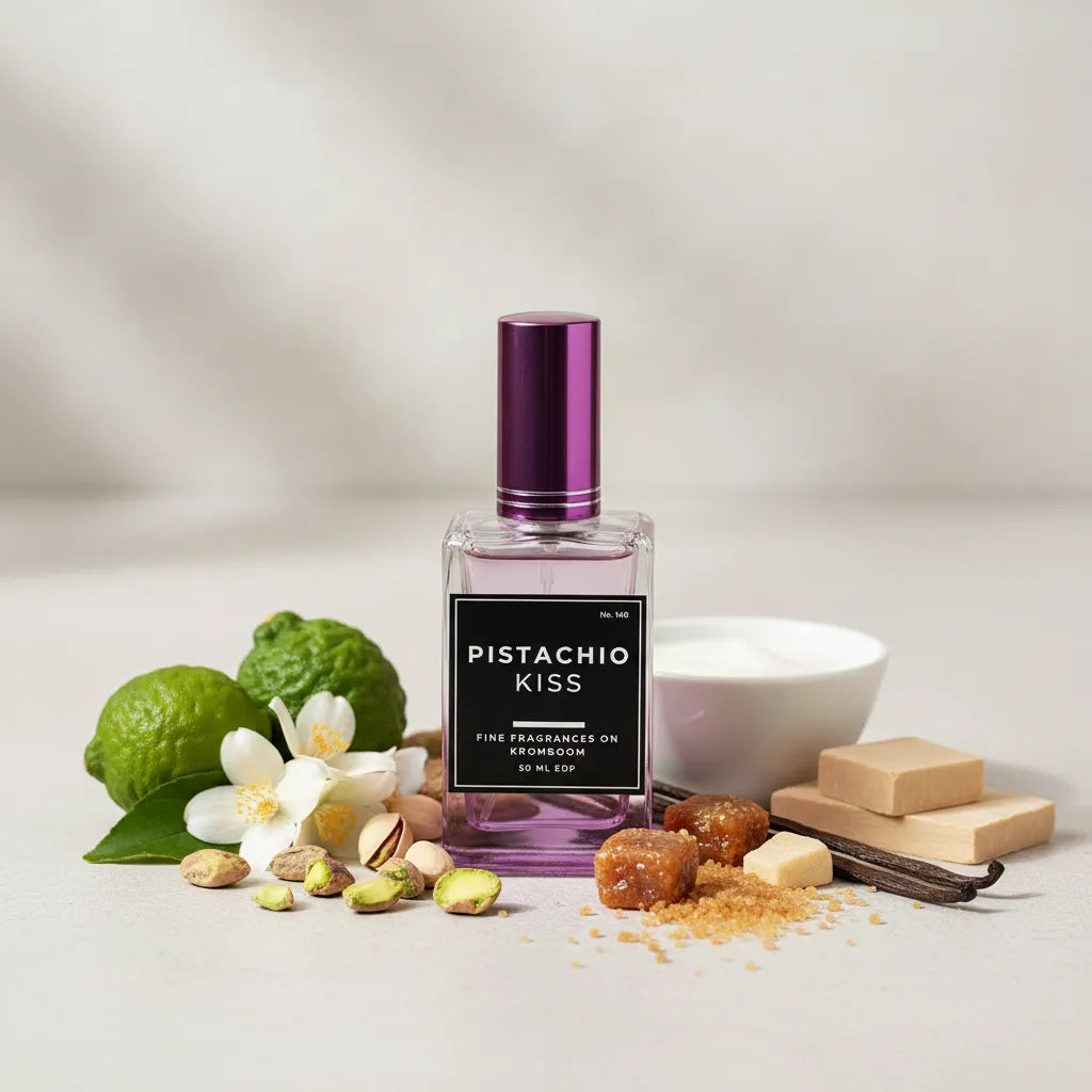 Perfume bottle labeled 'Pistachio Kiss' with pistachios, flowers, and a bowl on a light background