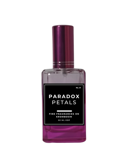 Perfume bottle labeled 'Paradox Petals' on a white background by Fine Fragrances on Kromboom