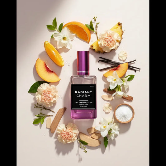 Perfume bottle labeled 'Radiant Charm' surrounded by fruits, flowers, and vanilla beans on a light background