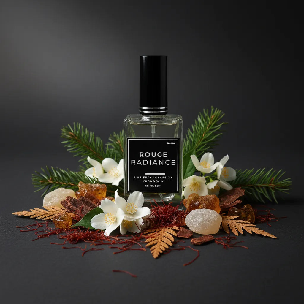 Perfume bottle labeled 'Rouge Radiance' surrounded by flowers and leaves on a dark background