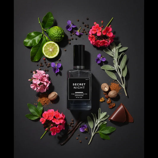Perfume bottle labeled 'Secret Night' surrounded by flowers, leaves, and fruits on a dark background