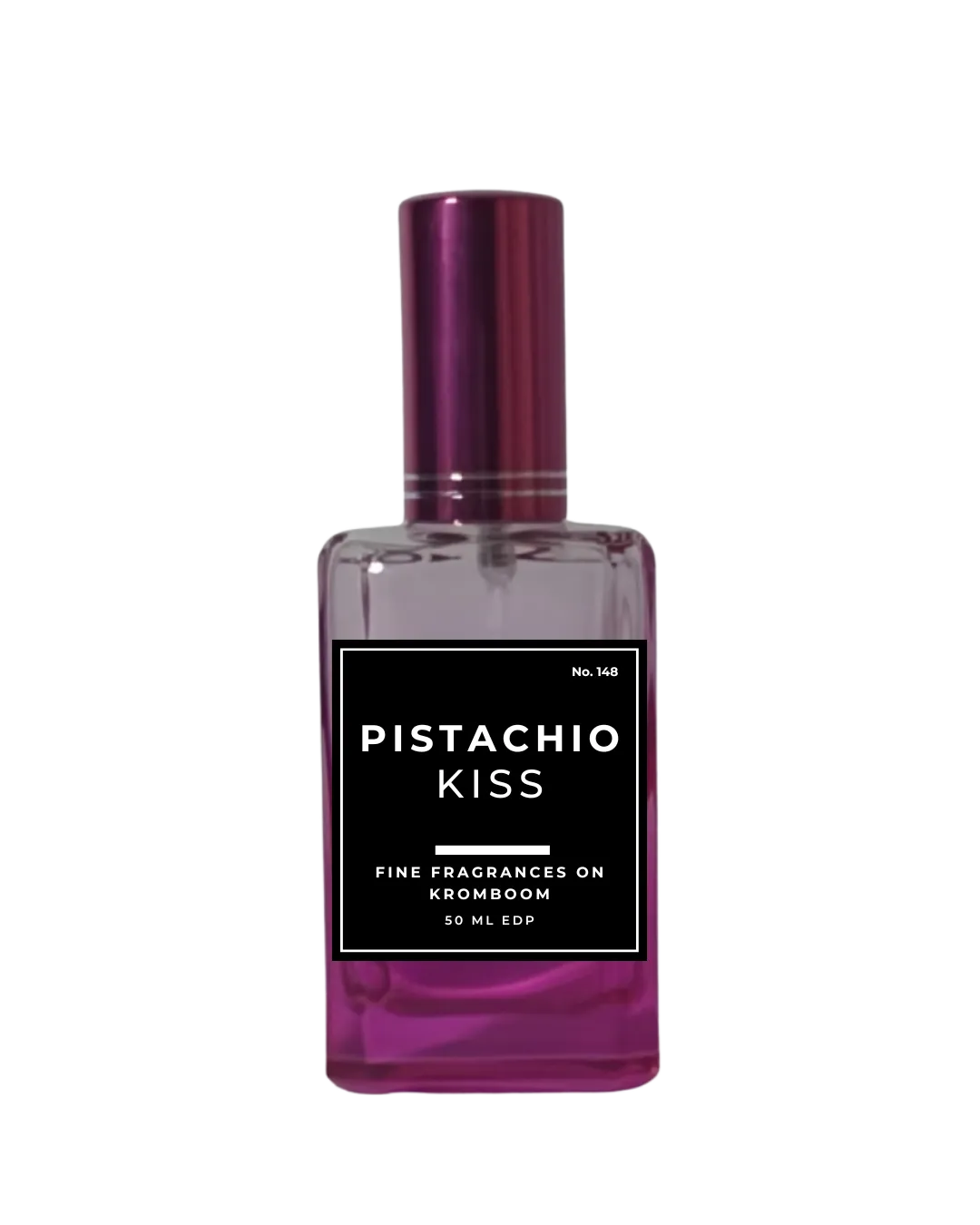 Perfume bottle labeled 'Pistachio Kiss' on a white background by Fne Fragrances on Kromboom