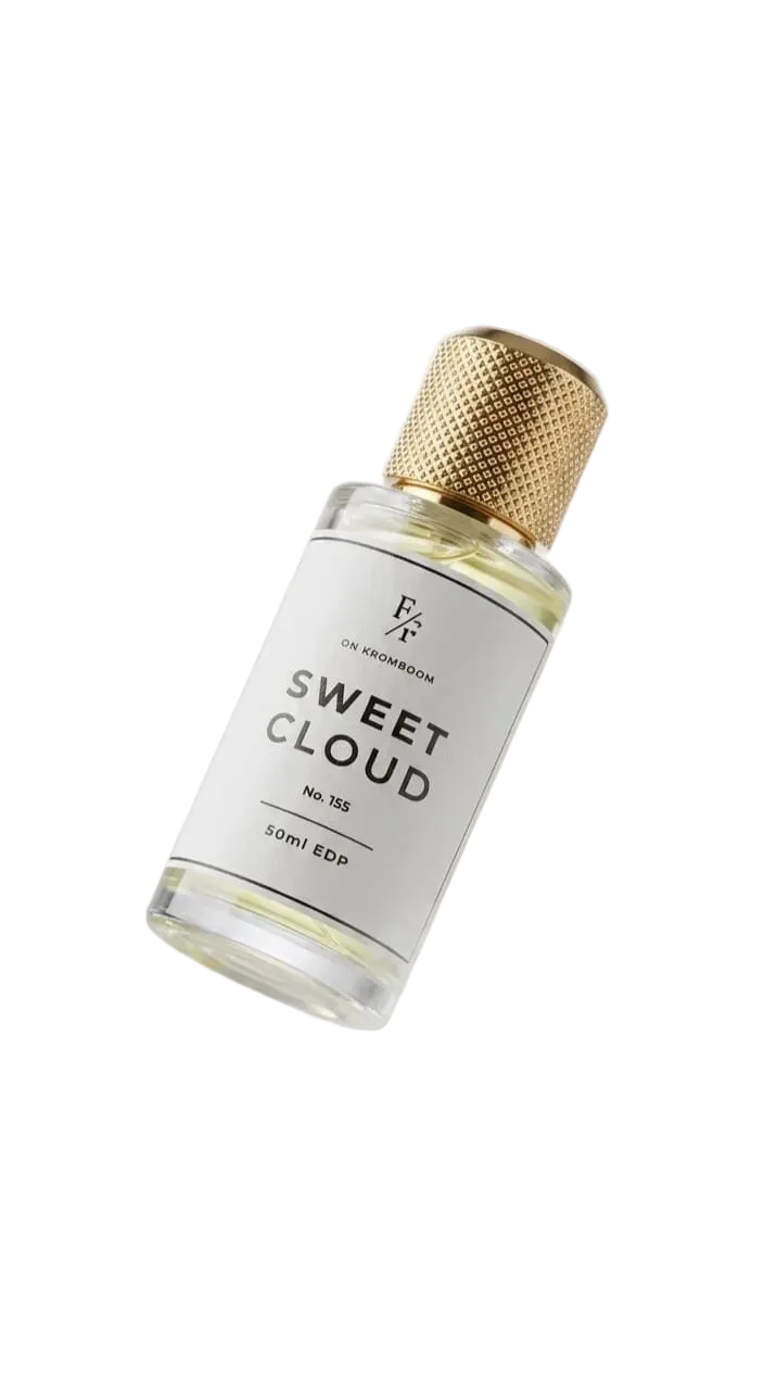 Perfume bottle labeled 'Sweet Cloud' with a gold cap on a white background