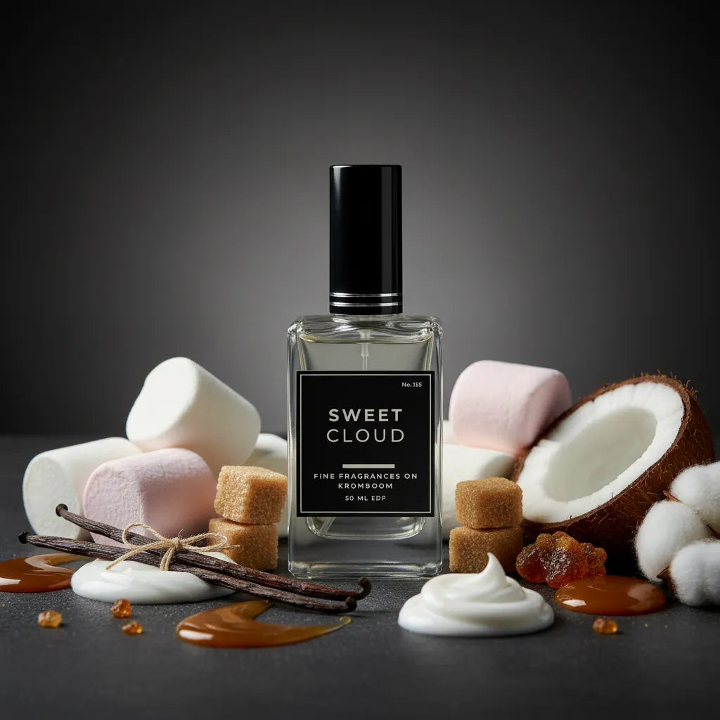Perfume bottle labeled 'Sweet Cloud' surrounded by marshmallows, coconuts, and vanilla beans on a dark background